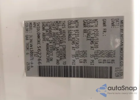 2019 Infiniti Qx60 Luxe z USA, uszkodzony, nr VIN 5N1DL0MM3KC562266